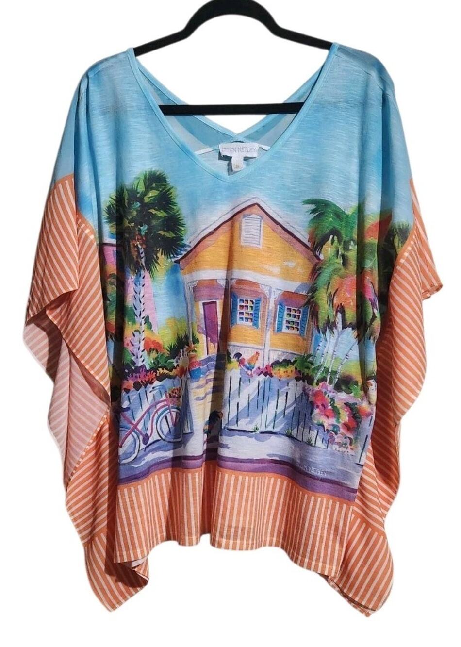 Ellen Negley Colorful Art & Soul Print Lightweight Pullover Boxy Top L Oversized